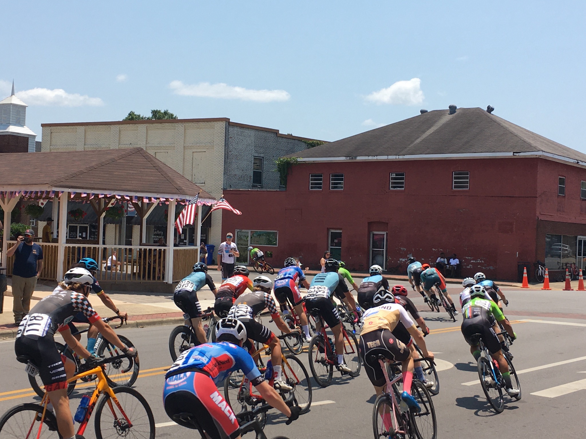 Cyclists racing through downtown Piedmont