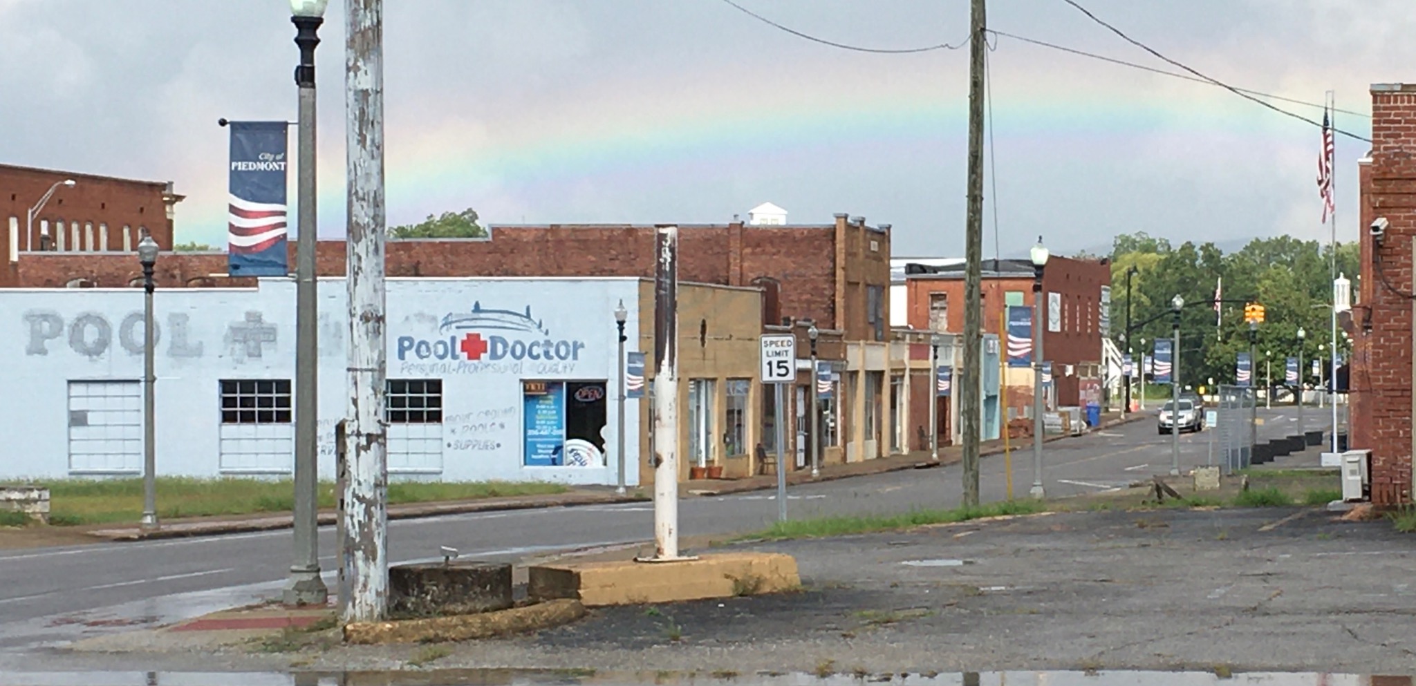 Downtown Piedmont street view with rainbow